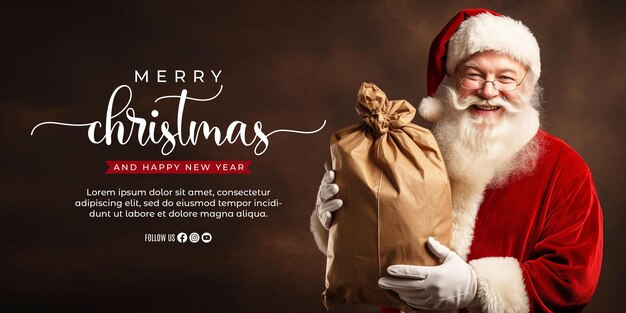 Plantilla de banner de feliz navidad de diseño realista con papá noel llevando un saco de regalos