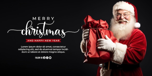 Plantilla de banner de feliz navidad de diseño realista con Papá Noel llevando un saco de regalos