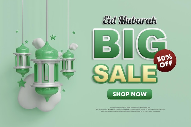 Plantilla de banner de gran venta de eid mubarak con tonos verdes