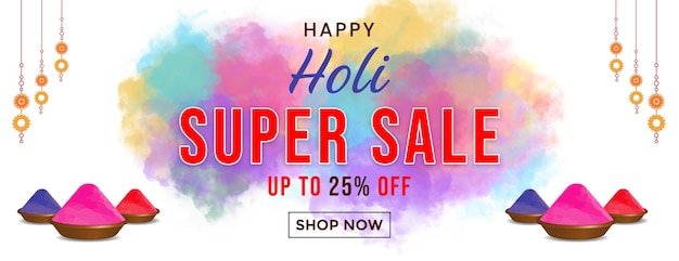Plantilla de banner Happy Holi Super Sale con diseño de fondo de niebla de color