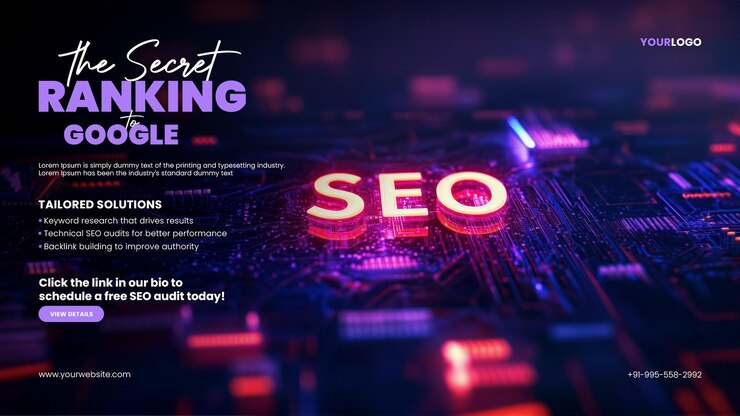 PSD la plantilla de banner de herramientas de seo local con la palabra seo en letras de neón brillantes en el fondo digital representa el marketing digital