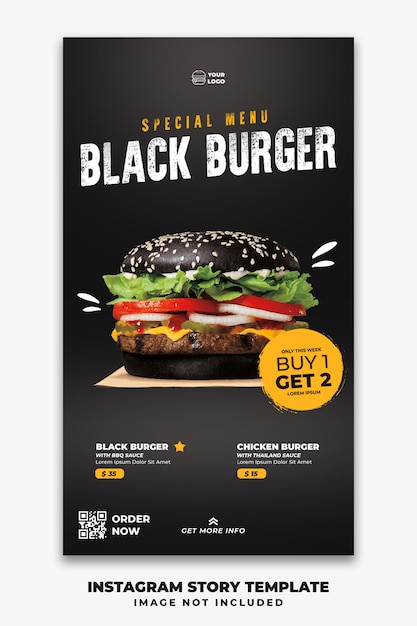 Plantilla de banner de historias de instagram para restaurante, menú de comida rápida, hamburguesa negra