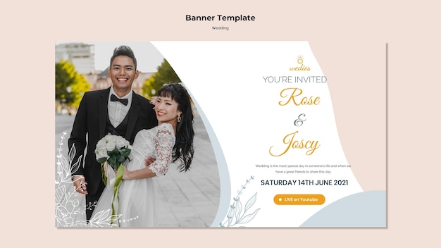 Plantilla de banner horizontal para ceremonia de boda con novios