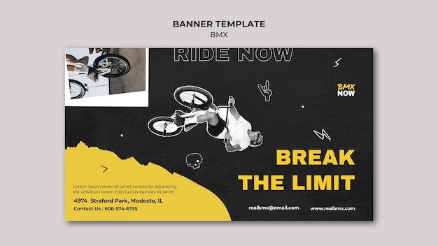 Plantilla de banner horizontal para ciclismo bmx con hombre y bicicleta