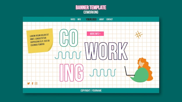 PSD plantilla de banner horizontal de concepto de coworking