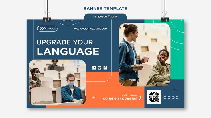 PSD plantilla de banner horizontal de curso de idiomas con líneas geométricas