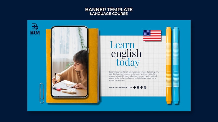 PSD plantilla de banner horizontal de cursos de idiomas con útiles escolares