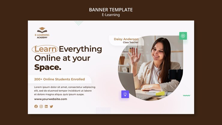 PSD plantilla de banner horizontal de e-learning y clases a distancia en línea