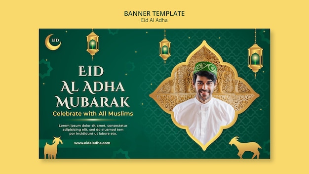 PSD plantilla de banner horizontal de eid al-adha con linternas y luna creciente