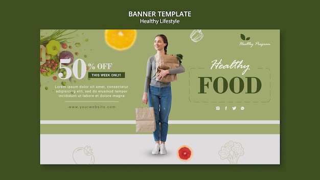 PSD plantilla de banner horizontal para un estilo de vida saludable con mujer