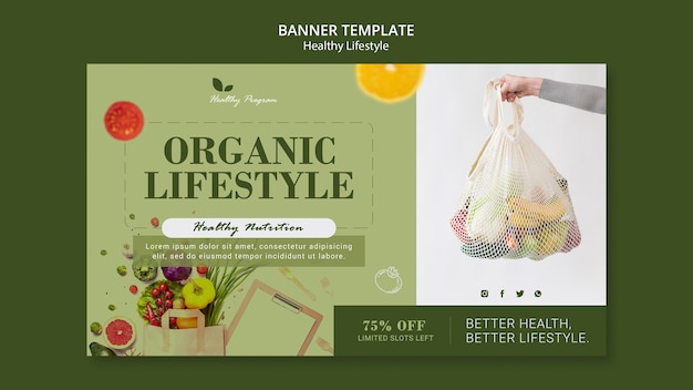 Plantilla de banner horizontal para un estilo de vida saludable con mujer