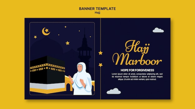 PSD plantilla de banner horizontal hajj con la meca y personas rezando