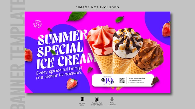 PSD plantilla de banner horizontal de helado especial de verano