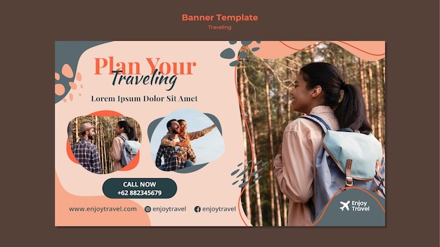 PSD plantilla de banner horizontal para mochila viajando con mujer