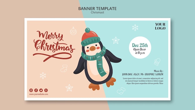 Plantilla de banner horizontal para navidad con pingüino