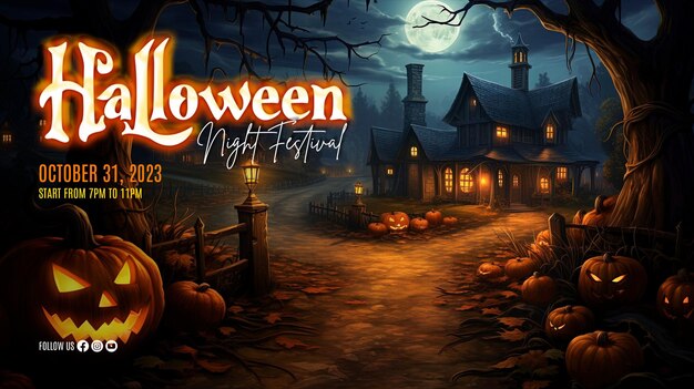 PSD plantilla de banner horizontal realista para el festival de la noche de halloween