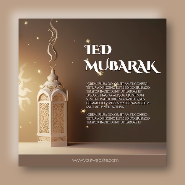 Plantilla de banner de ied mubarak con lámpara dorada y decoración islámica y texto editable