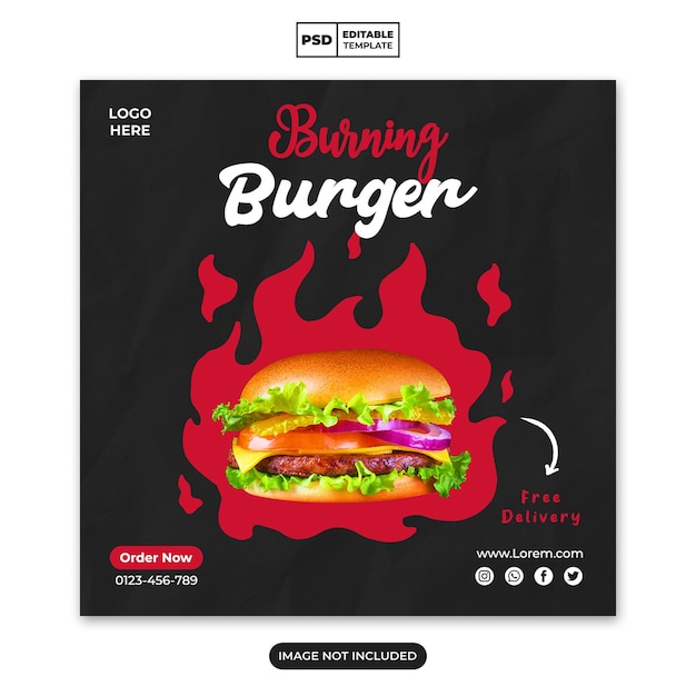 PSD plantilla de banner de instagram de promoción de redes sociales de menú de hamburguesas y alimentos