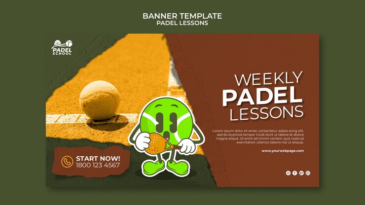 PSD plantilla de banner de lecciones de pádel de diseño plano