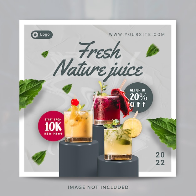 Plantilla de banner o publicación en redes sociales de promoción de menú de bebida de jugo de naturaleza fresca