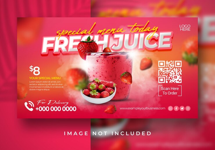 PSD plantilla de banner de página de destino de sitio web de promoción de menú dulce de fresa bebida de hielo especial de jugo fresco