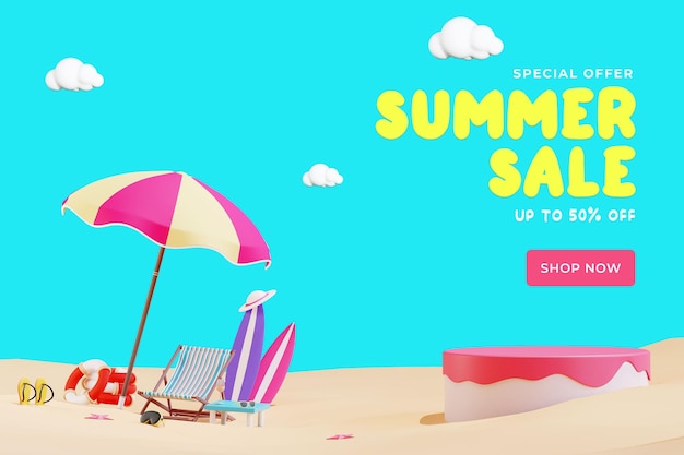 Plantilla de banner de playa de verano con ilustración 3d