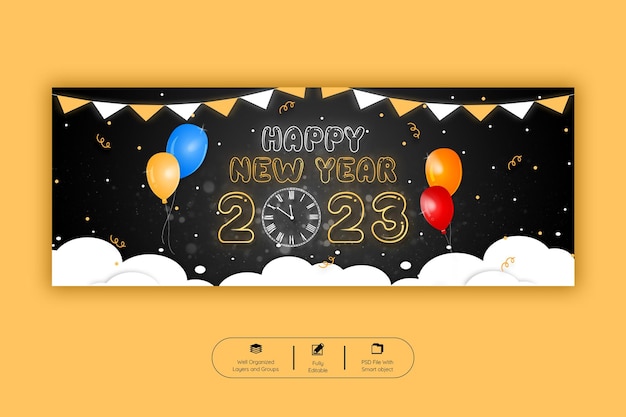 Plantilla de banner de portada de facebook de feliz año nuevo 2023
