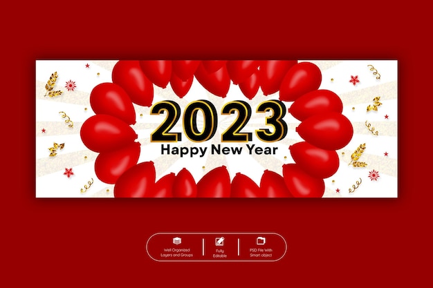 PSD plantilla de banner de portada de facebook de feliz año nuevo 2023