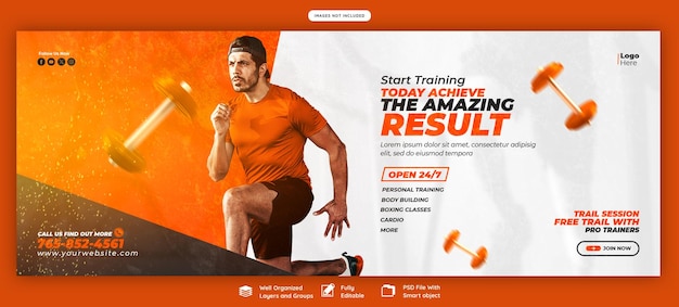 PSD plantilla de banner de portada de facebook para gimnasio y fitness