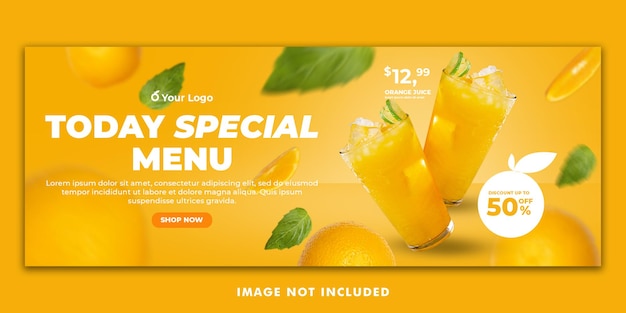 PSD plantilla de banner de portada de facebook de menú de bebida de jugo de naranja para promoción de restaurante
