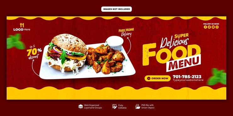 PSD plantilla de banner de portada de facebook para el menú de comida y restaurante