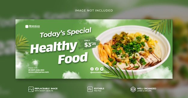 PSD plantilla de banner de portada de facebook de redes sociales de promoción de menú de comida saludable elegante psd premium