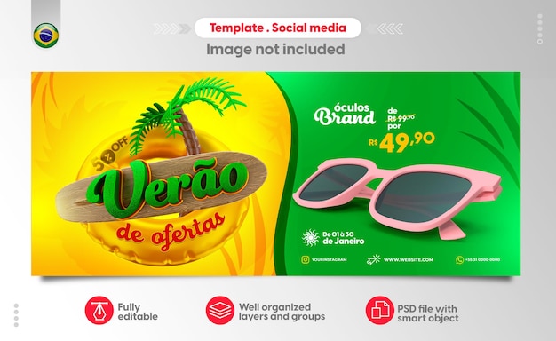 Plantilla de banner portugués para rebajas de verano con texto editable verano de ofertas