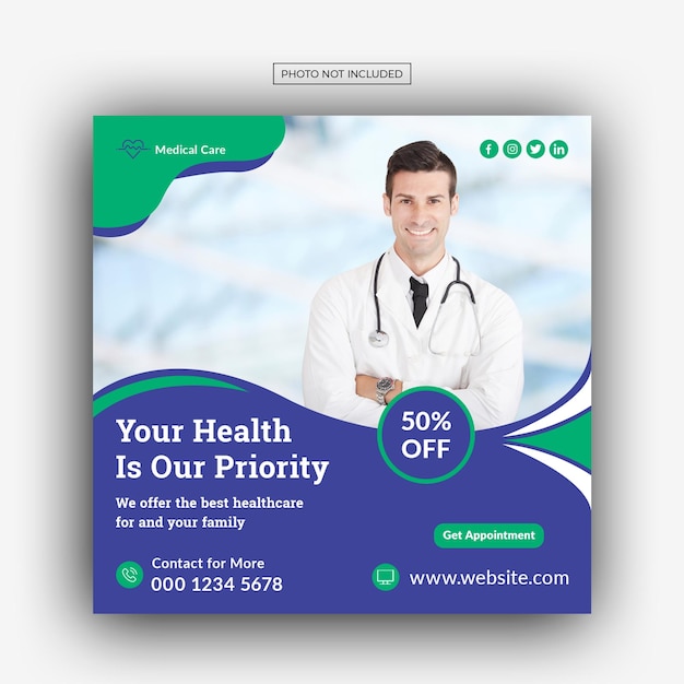 PSD plantilla de banner de promoción web de publicación de redes sociales de atención médica médica