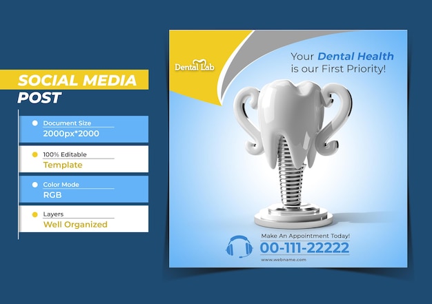 PSD plantilla de banner de publicación de instagram de concepto de modelo de trofeo dental.