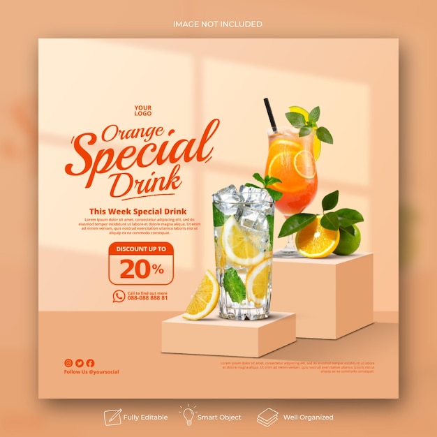 Plantilla de banner de publicación de instagram de menú de jugo de naranja