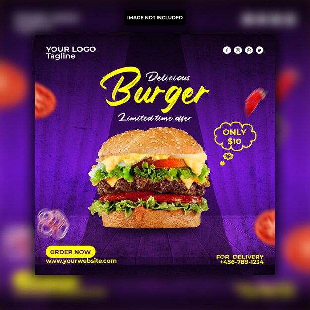 Plantilla de banner de publicación de instagram de promoción de menú de comida de hamburguesas