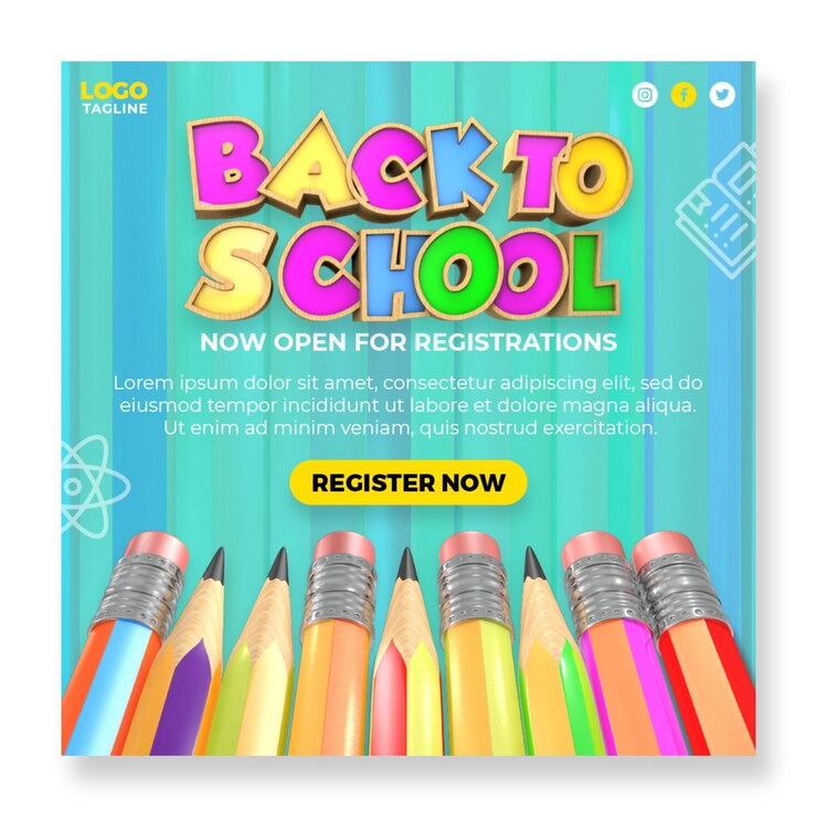 Plantilla de banner de publicación de Instagram de redes sociales de admisión de regreso a la escuela con elementos 3d