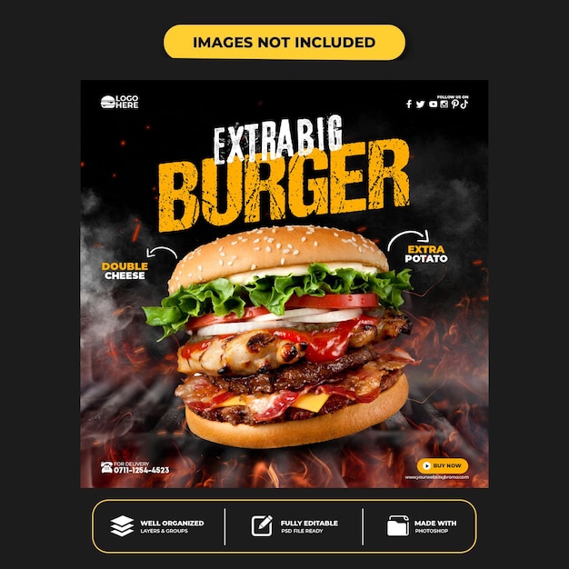 PSD plantilla de banner de publicación de instagram de redes sociales de delicious burger