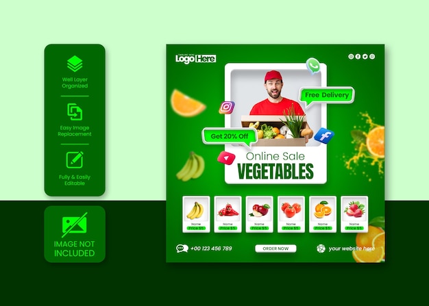 Plantilla de banner de publicación de instagram de redes sociales de entrega de verduras y comestibles