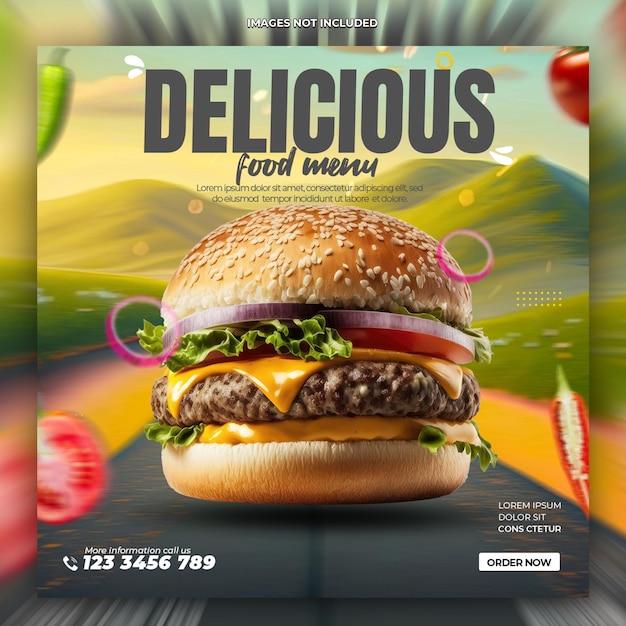 PSD plantilla de banner de publicación de instagram de redes sociales de hamburguesa de comida