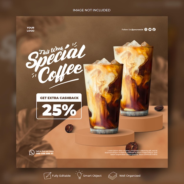 Plantilla de banner de publicación de instagram de redes sociales promoción de menú de bebidas de cafetería