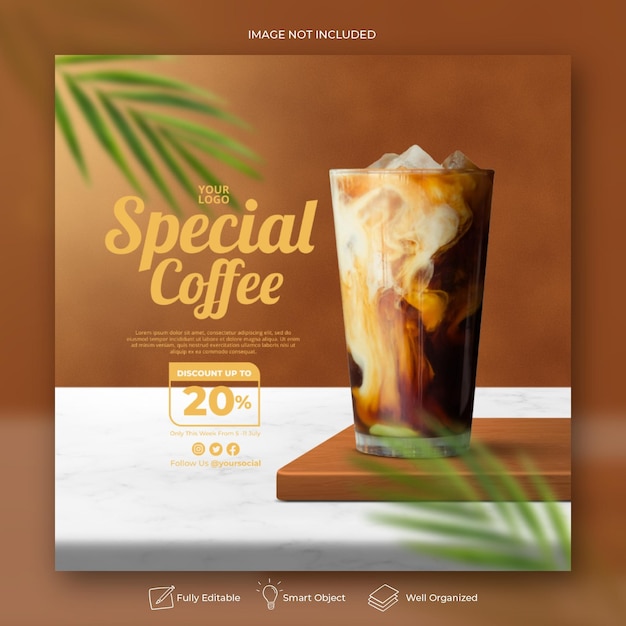 Plantilla de banner de publicación de instagram de redes sociales promoción de menú de bebidas de cafetería