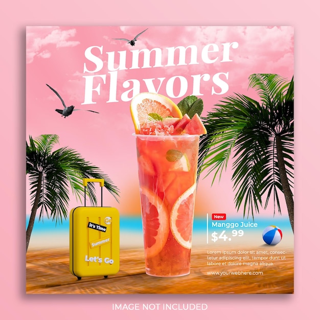 Plantilla de banner de publicación de instagram de redes sociales de promoción de menú de bebidas de verano