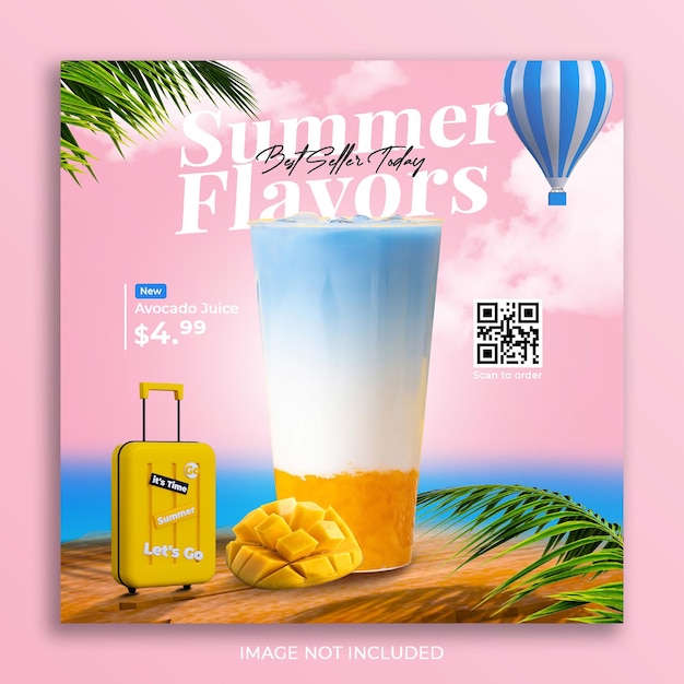 Plantilla de banner de publicación de instagram de redes sociales de promoción de menú de bebidas de verano