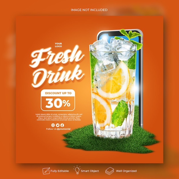 Plantilla de banner de publicación de instagram de redes sociales de promoción de menú de bebidas