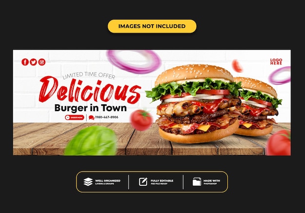 Plantilla de banner de publicación de portada de facebook para hamburguesa de menú de comida rápida de restaurante