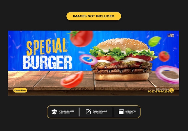 PSD plantilla de banner de publicación de portada de facebook para hamburguesa de menú de comida rápida de restaurante