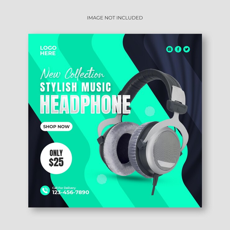 Plantilla de banner de publicación de redes sociales de auriculares cuadrados