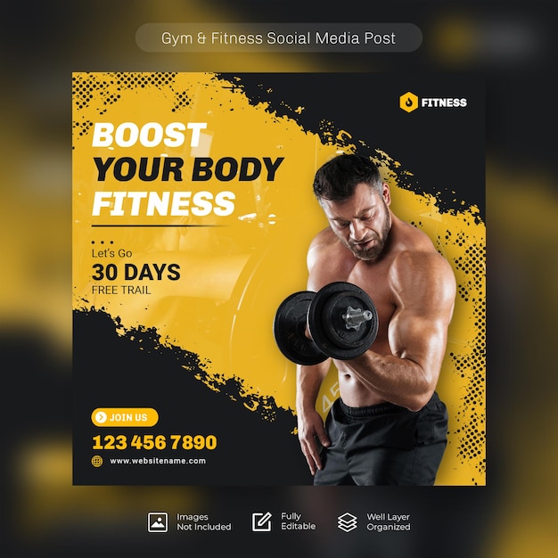 Plantilla de banner de publicación de redes sociales de gimnasio y fitness